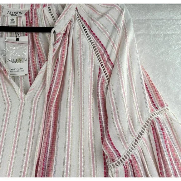 Allison New York Womens Striped Long Bell Sleeve Boho Top Tassels Crochet Artzy - Picture 5 of 16